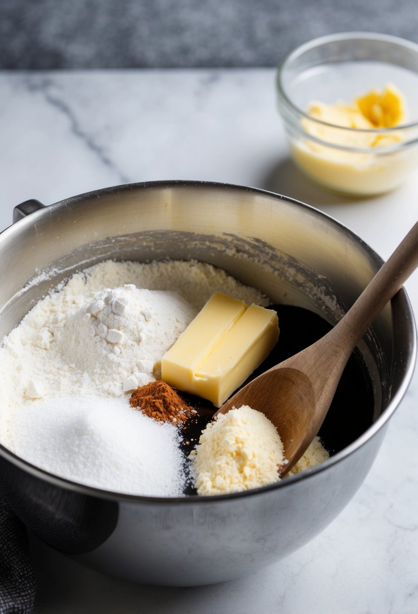 A mixing bowl filled with flour, sugar, butter, vanilla, and salt. A wooden spoon stirs the ingredients together