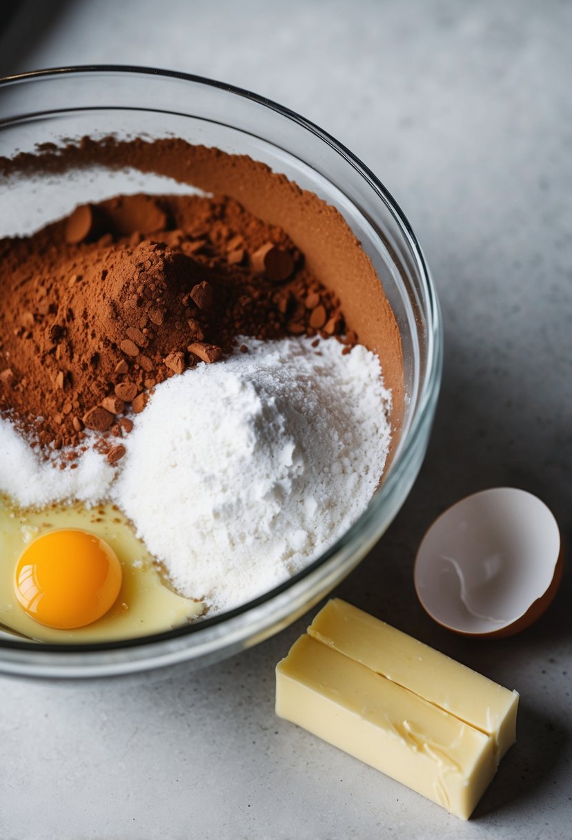 A mixing bowl filled with cocoa powder, flour, and sugar. A stick of butter and a cracked egg sit on the counter