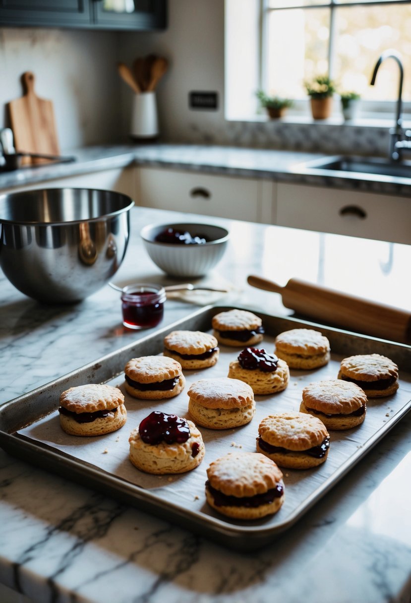 A rustic kitchen with a marble countertop, a mixing bowl, a rolling pin, and a tray of freshly baked scones with a dollop of jam