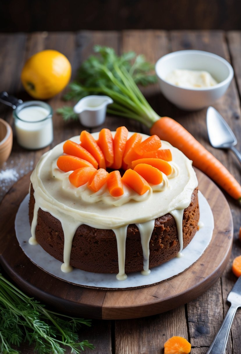 A freshly baked moist carrot cake with cream cheese frosting on a rustic wooden table, surrounded by scattered baking ingredients and utensils