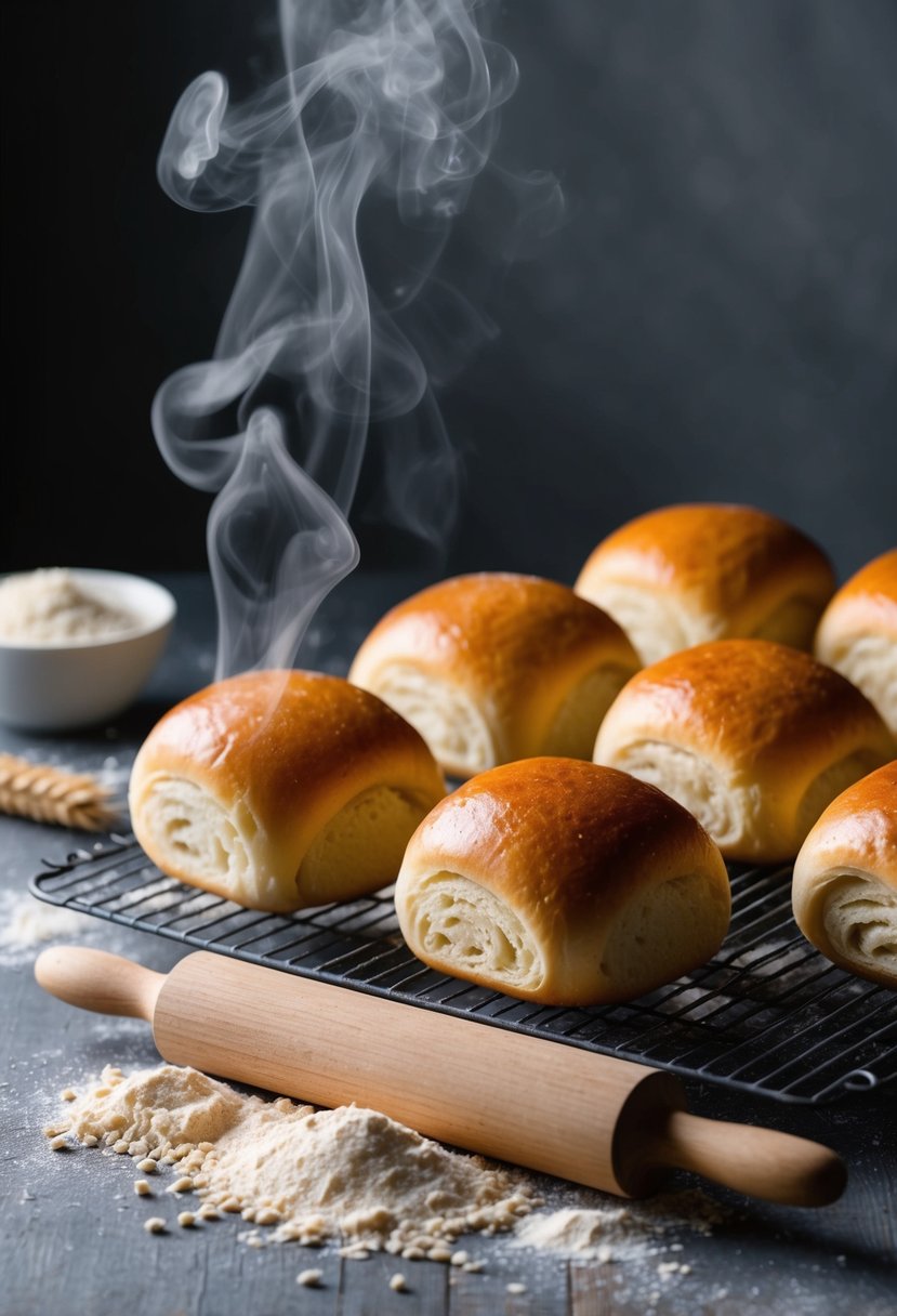 Golden dinner rolls cooling on a wire rack, steam rising, surrounded by scattered whole wheat flour and a rolling pin