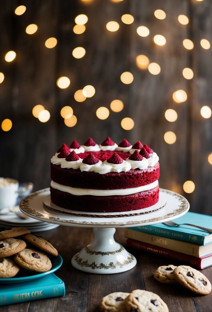 A vibrant red velvet cake sits on a vintage cake stand, surrounded by freshly baked cookies and a stack of recipe books