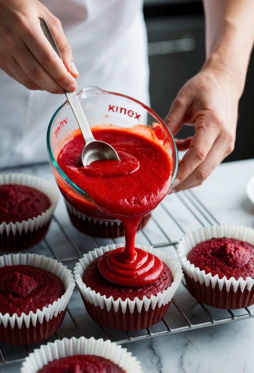 A baker carefully measures out ingredients for decadent red velvet cupcakes. The rich red batter is poured into cupcake liners, ready to be baked