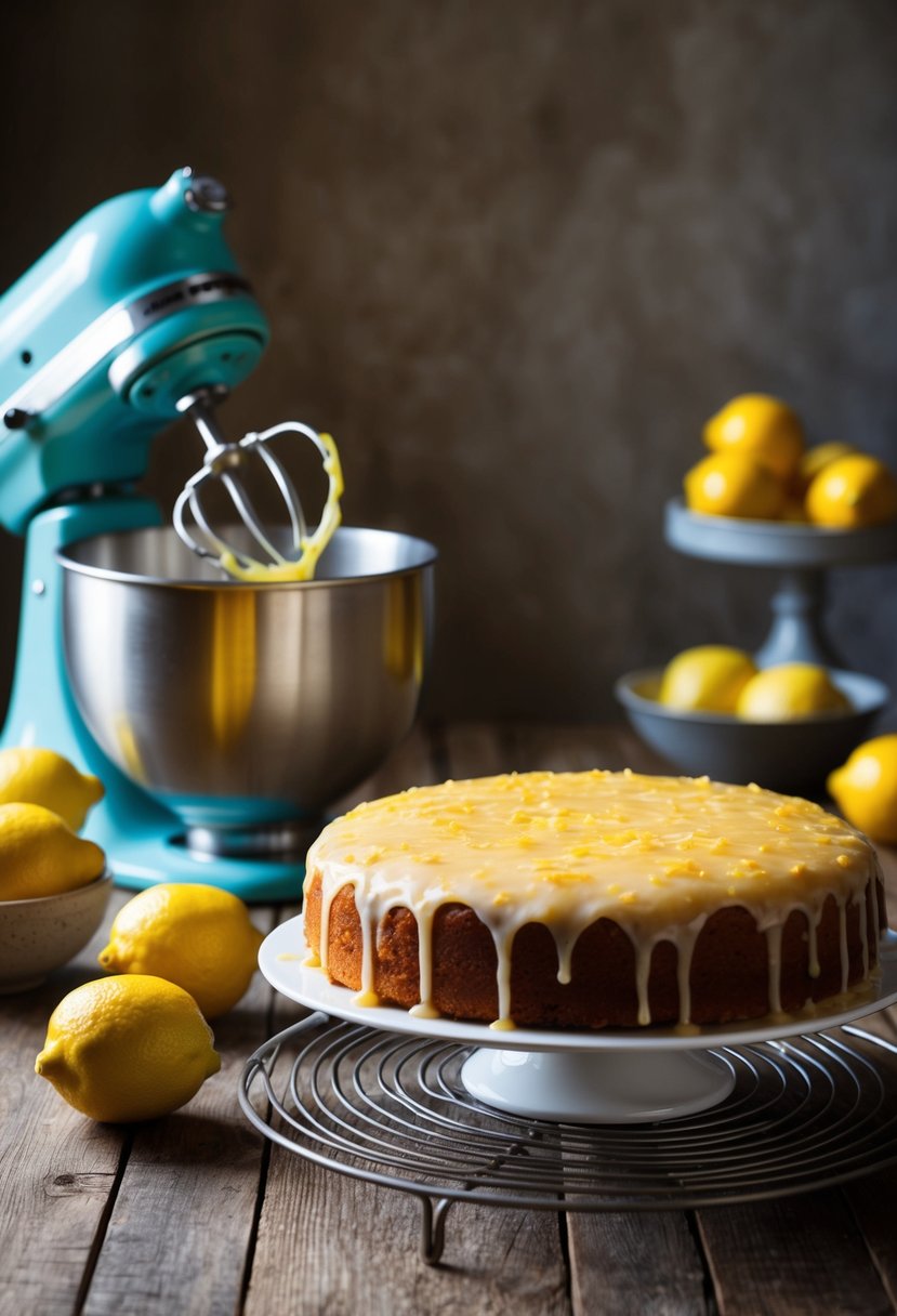 A rustic kitchen with a vintage mixer, fresh lemons, and a golden-brown lemon drizzle cake cooling on a wire rack