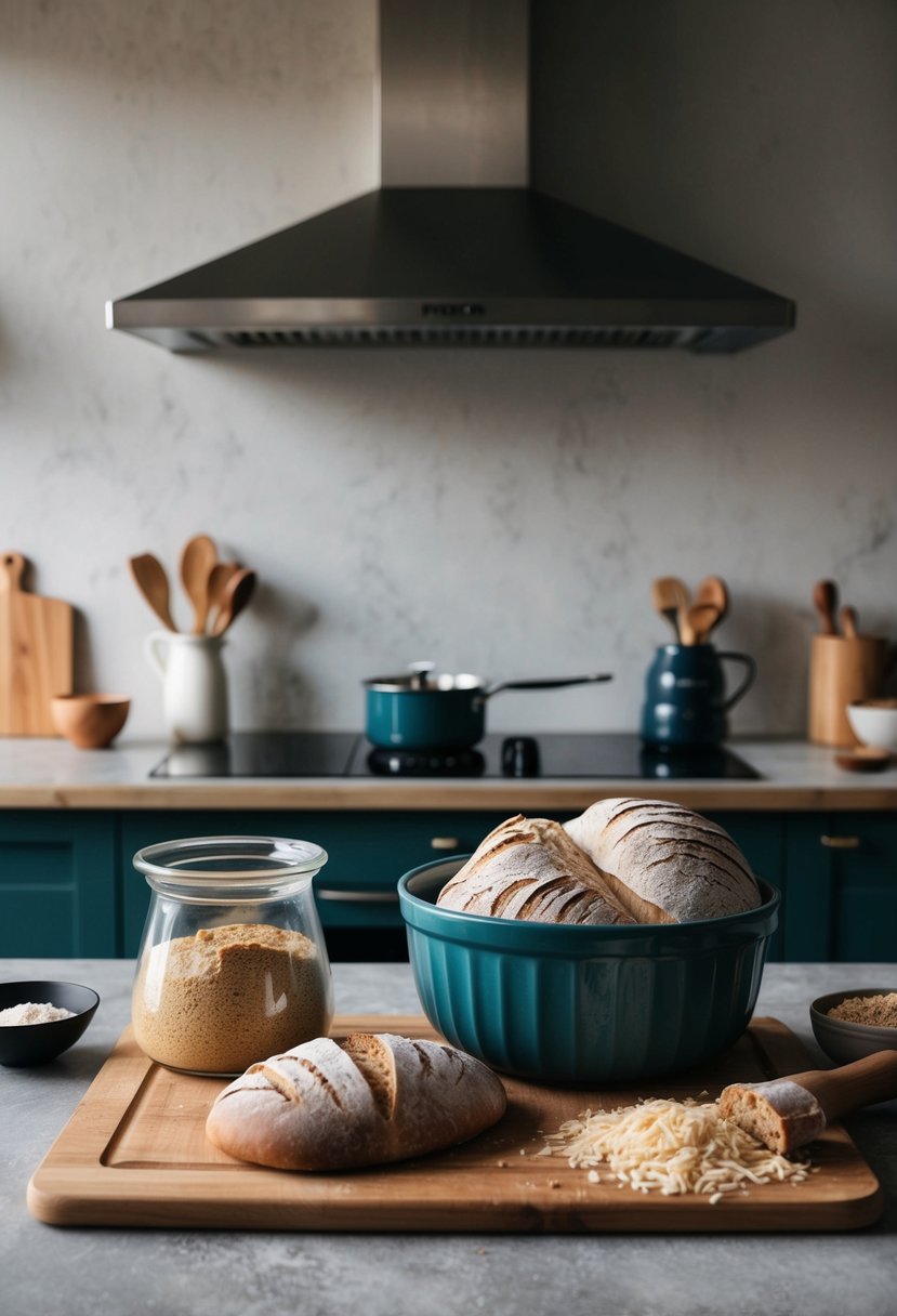 A rustic kitchen counter with ingredients and tools for making no-knead artisan bread