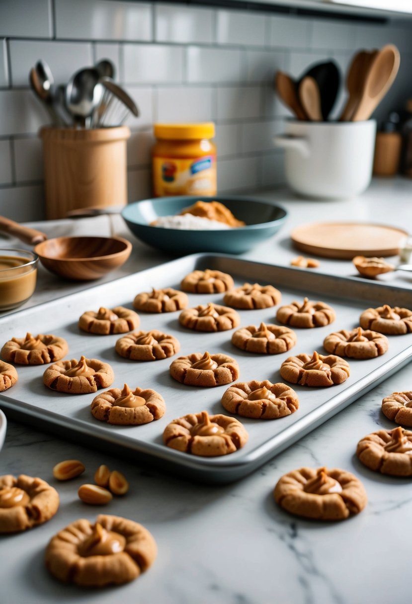 A kitchen counter with a tray of freshly baked Peanut Butter Blossom Cookies surrounded by baking ingredients and utensils