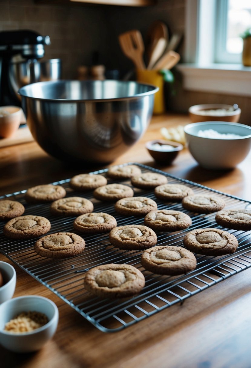 A warm kitchen with a tray of freshly baked ginger molasses cookies cooling on a wire rack next to a mixing bowl and ingredients