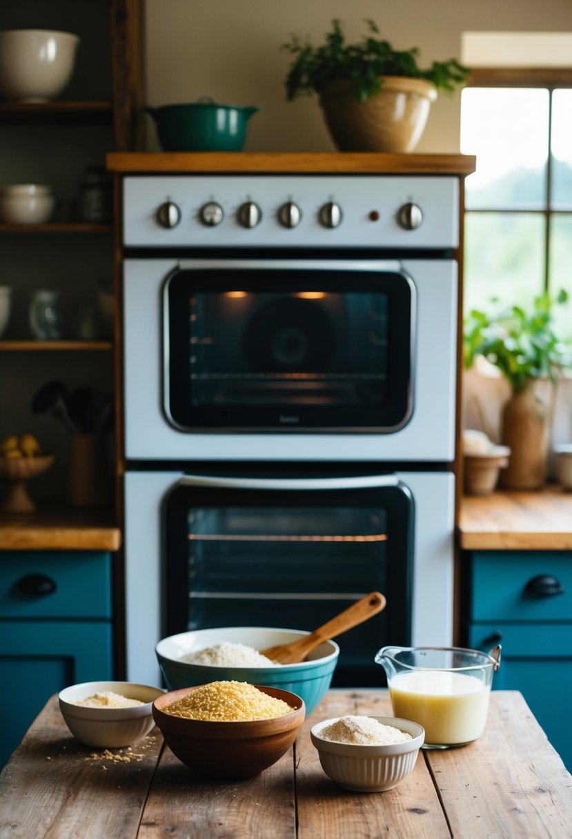 A rustic kitchen with a vintage oven, a mixing bowl, and ingredients for cornbread, such as cornmeal, flour, and buttermilk, on a wooden table