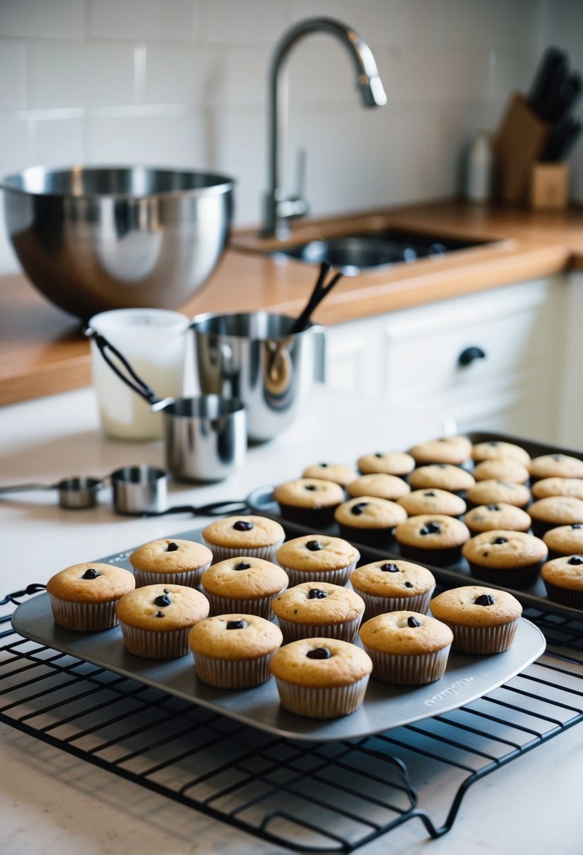 A kitchen counter with a mixing bowl, measuring cups, and vanilla beans. A tray of freshly baked cupcakes and cookies sits on a cooling rack