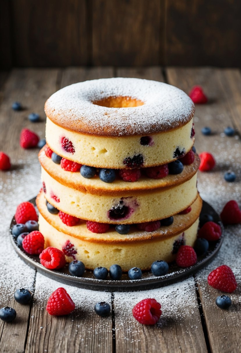 A fresh Triple Berry Sponge Cake sits on a rustic wooden table, surrounded by scattered berries and a dusting of powdered sugar