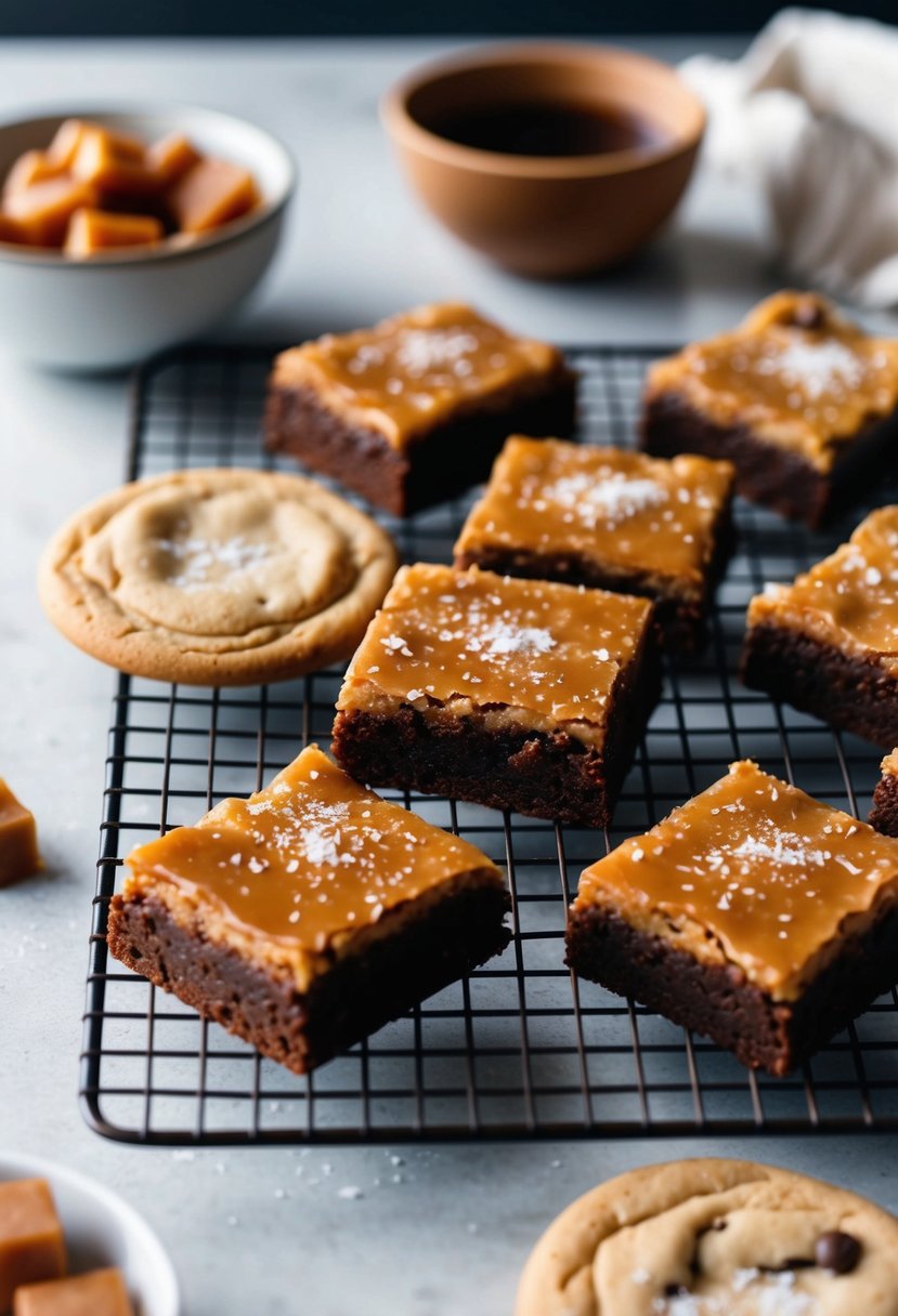 A tray of salted caramel brownies and cookies cooling on a wire rack