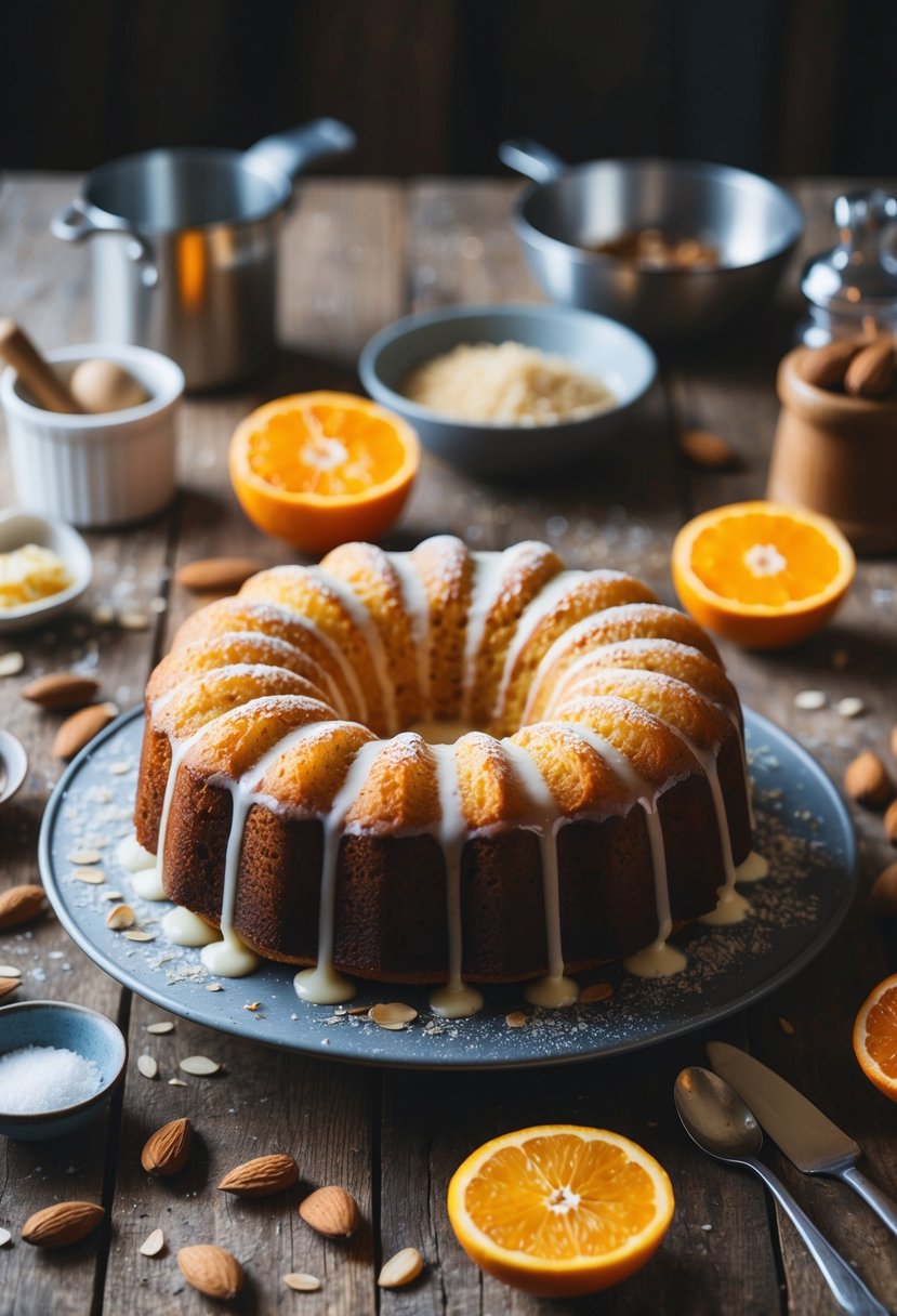 An orange and almond cake sits on a rustic wooden table, surrounded by scattered ingredients and baking utensils