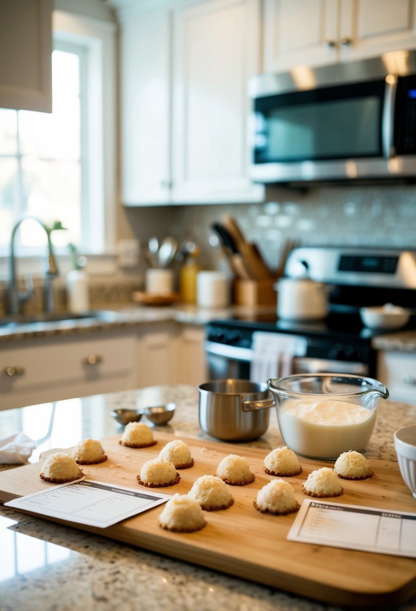 A kitchen counter with coconut macaroons, baking ingredients, and recipe cards scattered around