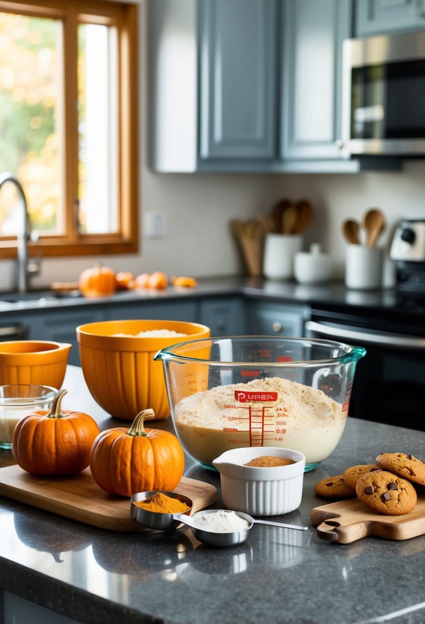 A kitchen counter with a mixing bowl, measuring cups, and ingredients for pumpkin spice muffins, cookies, and cakes