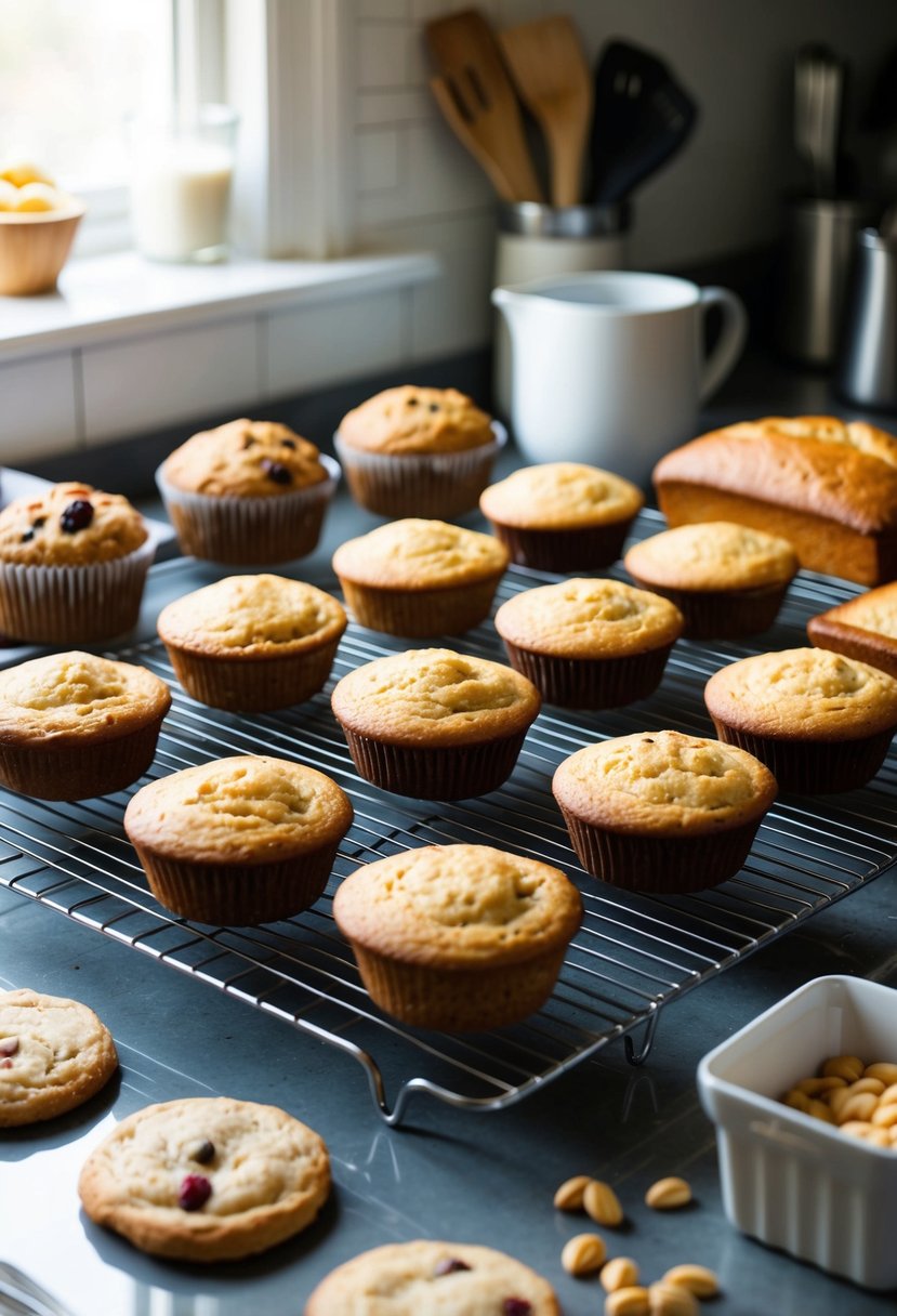 A kitchen counter with an assortment of freshly baked goods, including muffins, cookies, and bread, cooling on wire racks. Ingredients and utensils are scattered around