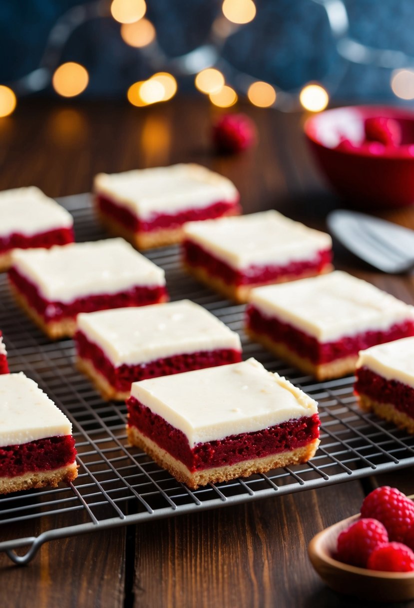 A tray of red velvet cheesecake bars cooling on a wire rack