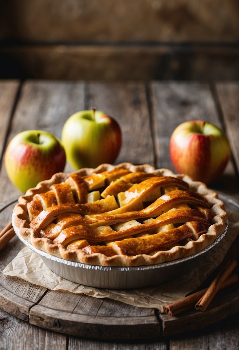 A golden-brown apple pie sits on a rustic wooden table, drizzled with a glossy maple glaze and surrounded by fresh apples and cinnamon sticks