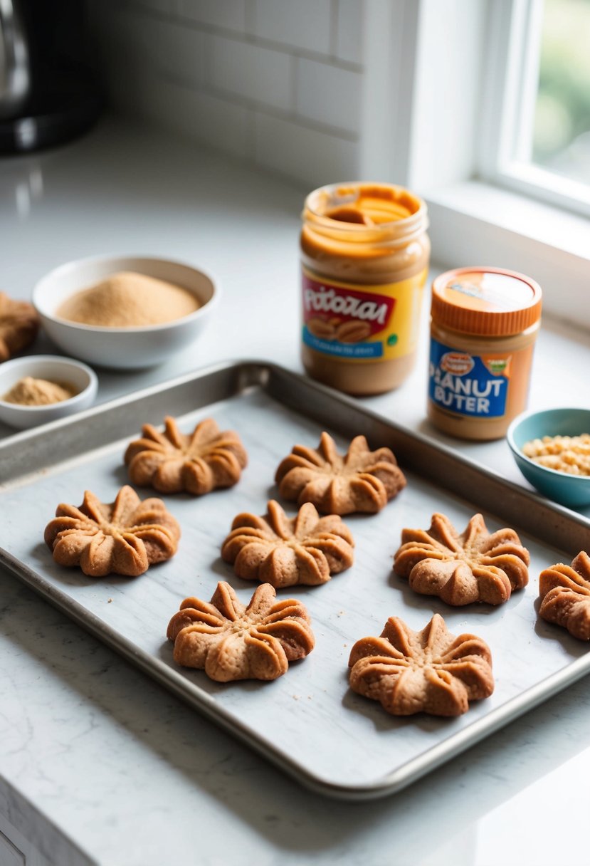 A kitchen counter with a tray of freshly baked Peanut Butter Blossoms cooling next to a jar of peanut butter and a bowl of sugar