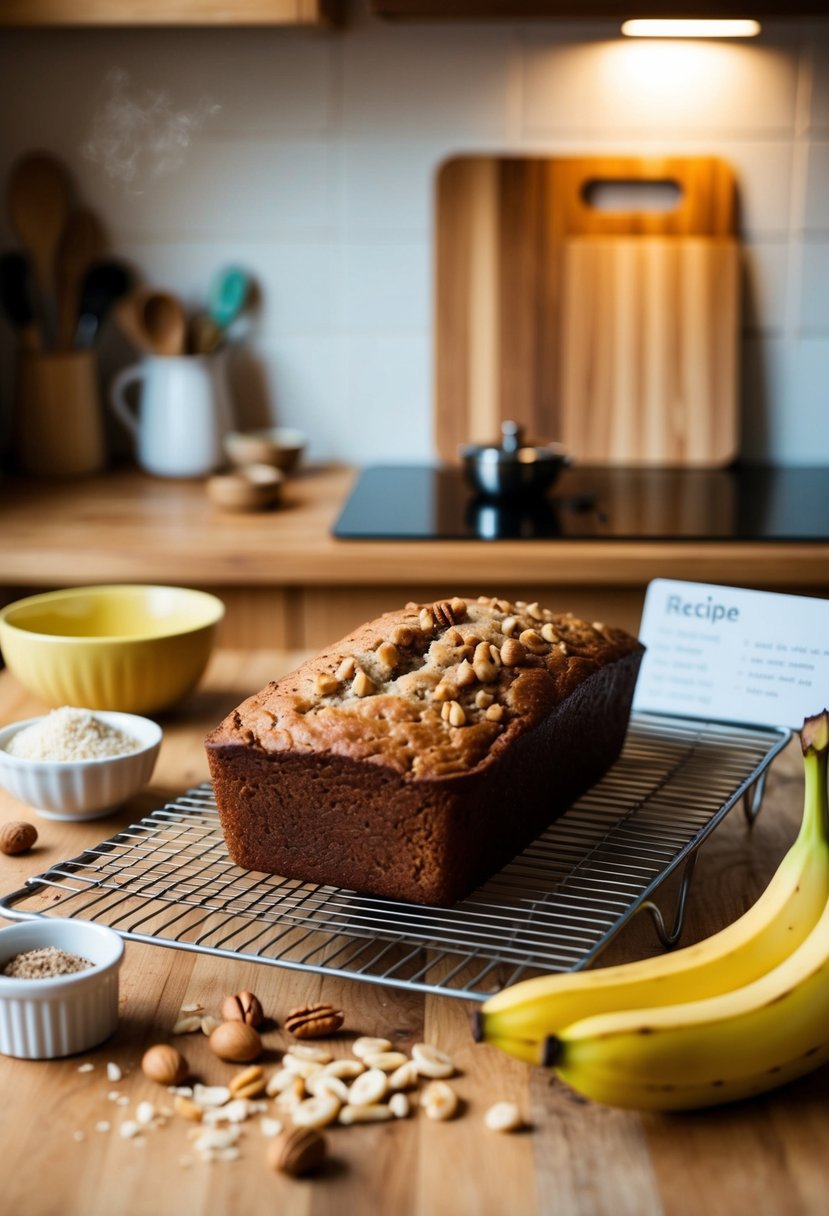 A warm kitchen with a loaf of banana nut bread cooling on a wire rack, surrounded by scattered ingredients and a recipe card