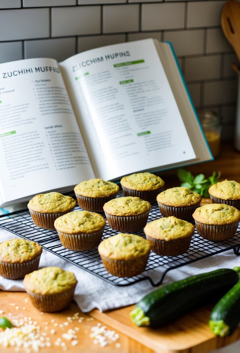 A kitchen counter with a cooling rack of freshly baked zucchini muffins, surrounded by scattered ingredients and a recipe book open to the page for zucchini muffins