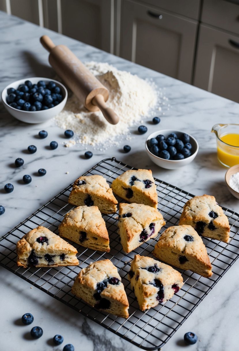 A rustic kitchen with a marble countertop, scattered with fresh blueberries, flour, and a rolling pin. A tray of golden brown blueberry scones cooling on a wire rack