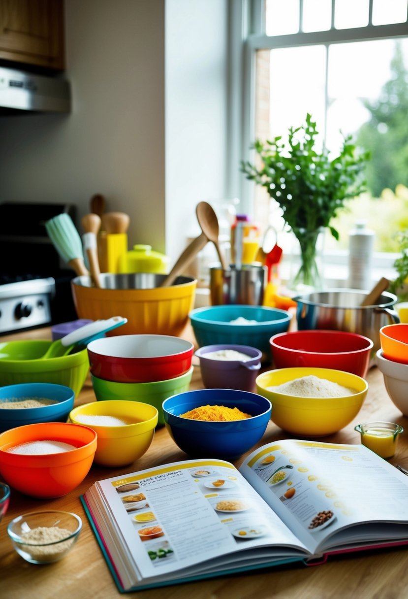 A colorful array of mixing bowls, measuring cups, and ingredients on a kitchen counter, with a recipe book open to a page of easy baking recipes