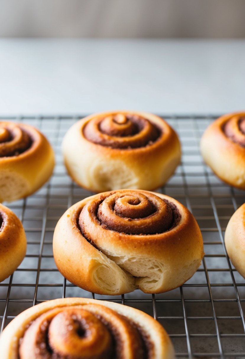 Freshly baked cinnamon rolls cooling on a wire rack. A warm, golden-brown color with swirls of cinnamon and sugar, emitting a sweet, comforting aroma