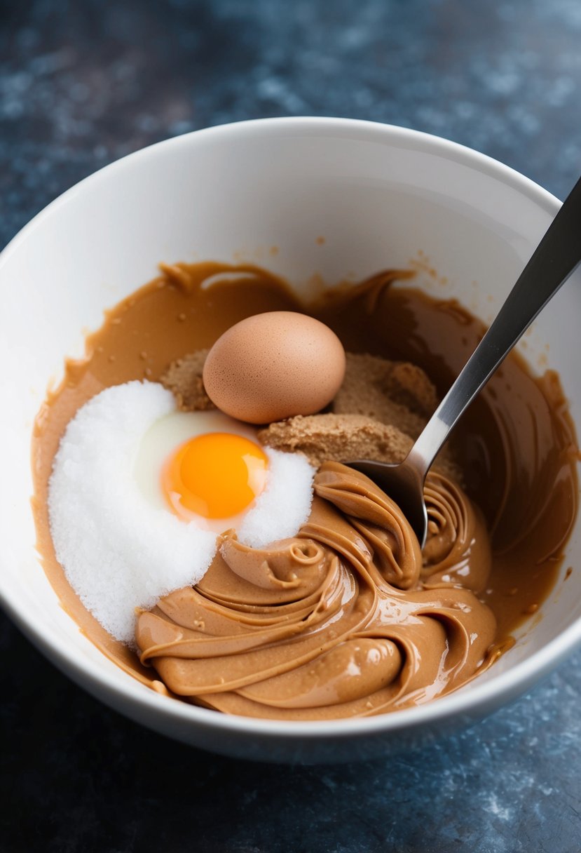 A mixing bowl filled with peanut butter, sugar, and an egg. A spoon is mixing the ingredients together