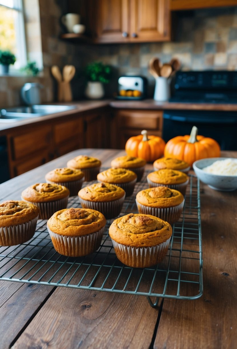 A cozy kitchen with a rustic wooden table showcasing freshly baked pumpkin spice muffins cooling on a wire rack