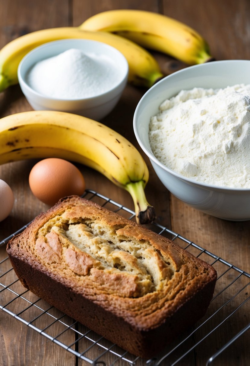 A bowl of ripe bananas, flour, sugar, and eggs on a wooden table. A loaf of freshly baked banana bread cooling on a wire rack