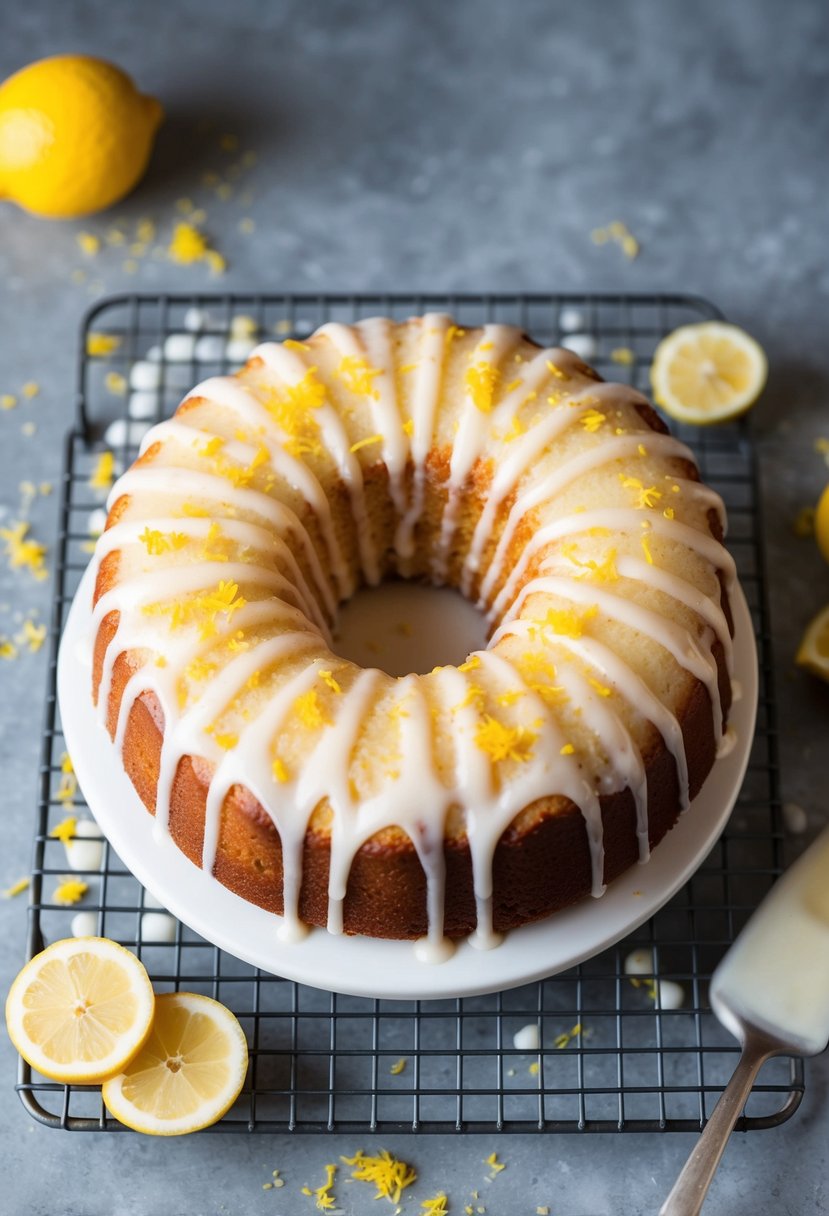 A freshly baked lemon drizzle cake cooling on a wire rack, surrounded by scattered lemon zest and a drizzle of icing