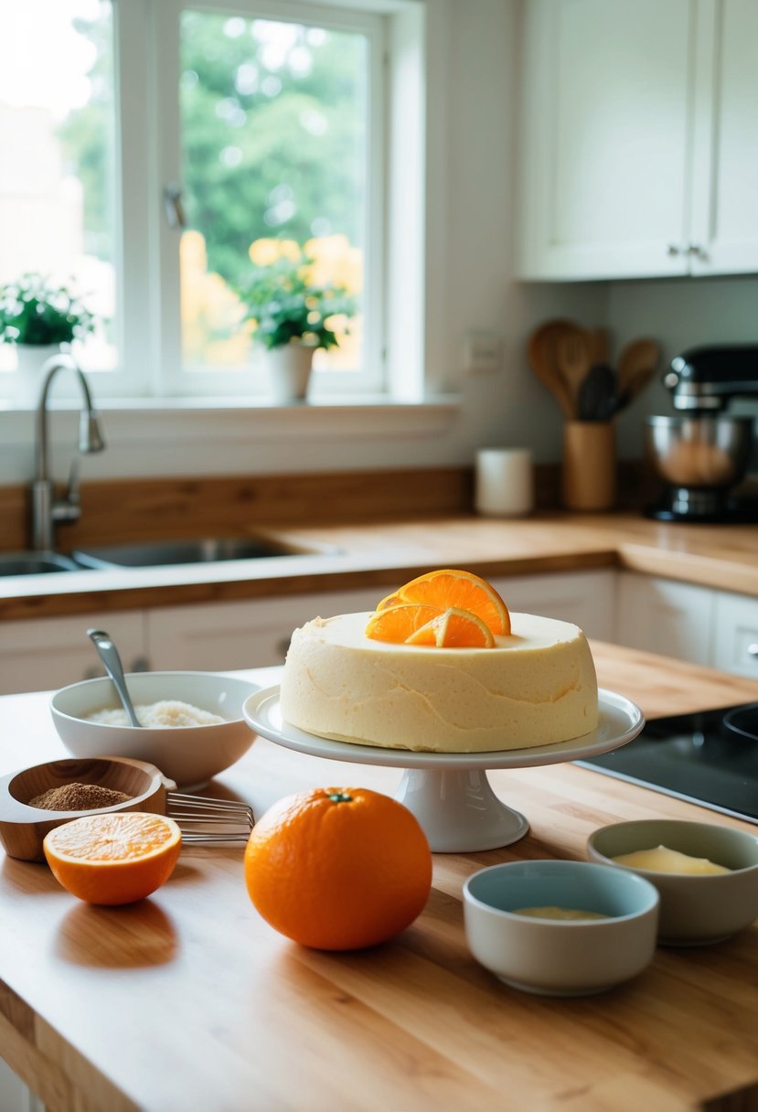 A kitchen counter with ingredients and utensils for an orange pound cake recipe