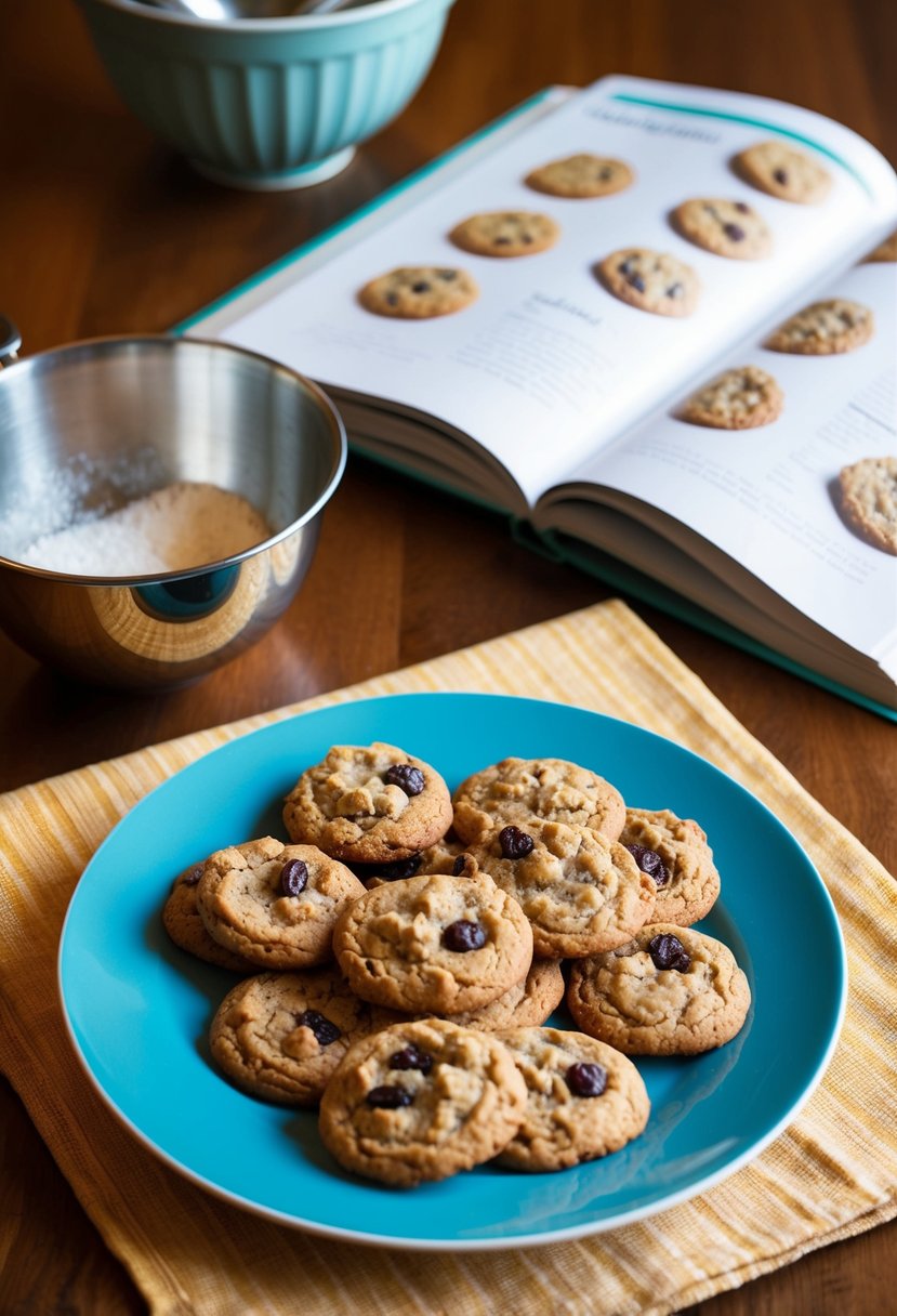 A warm kitchen table with a plate of freshly baked oatmeal raisin cookies, a mixing bowl, and a recipe book open to a page on baked goods