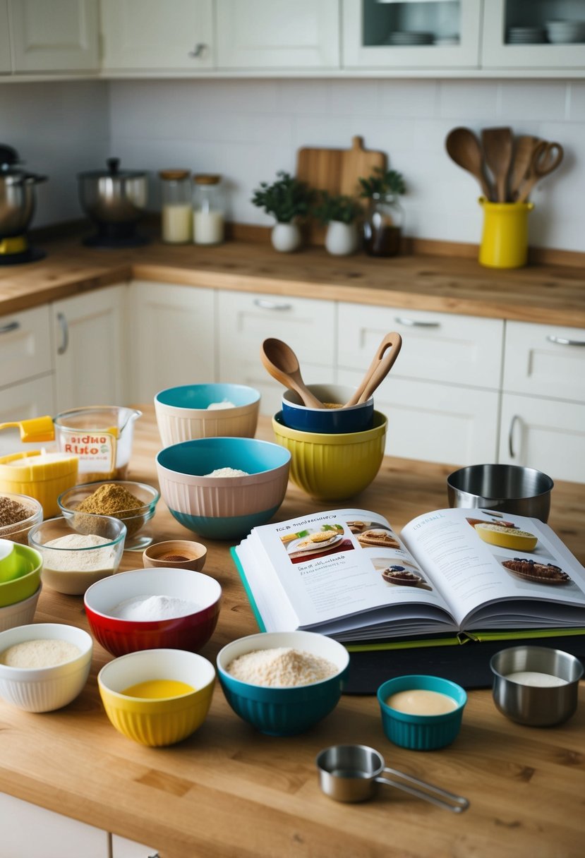 A kitchen counter with assorted baking ingredients, mixing bowls, measuring utensils, and recipe books open to dessert pages