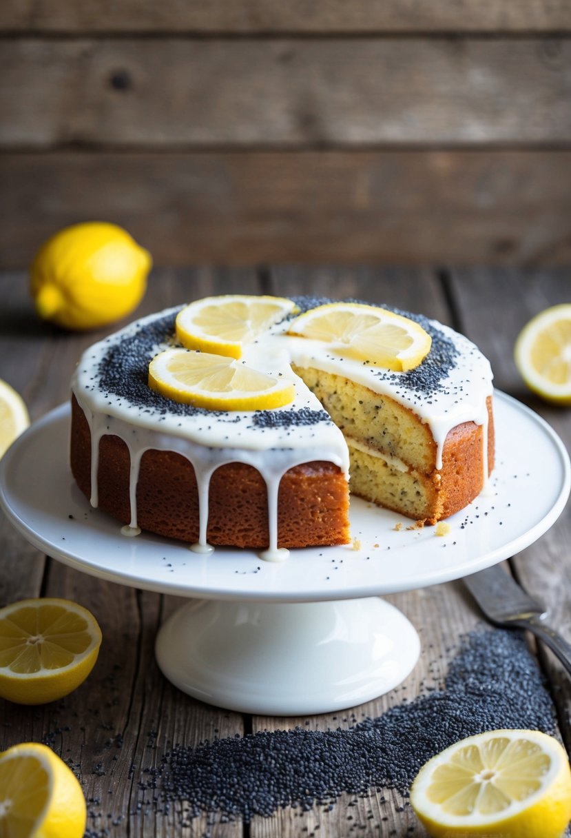 A lemon poppy seed cake sits on a rustic wooden table, surrounded by scattered poppy seeds and fresh lemon slices