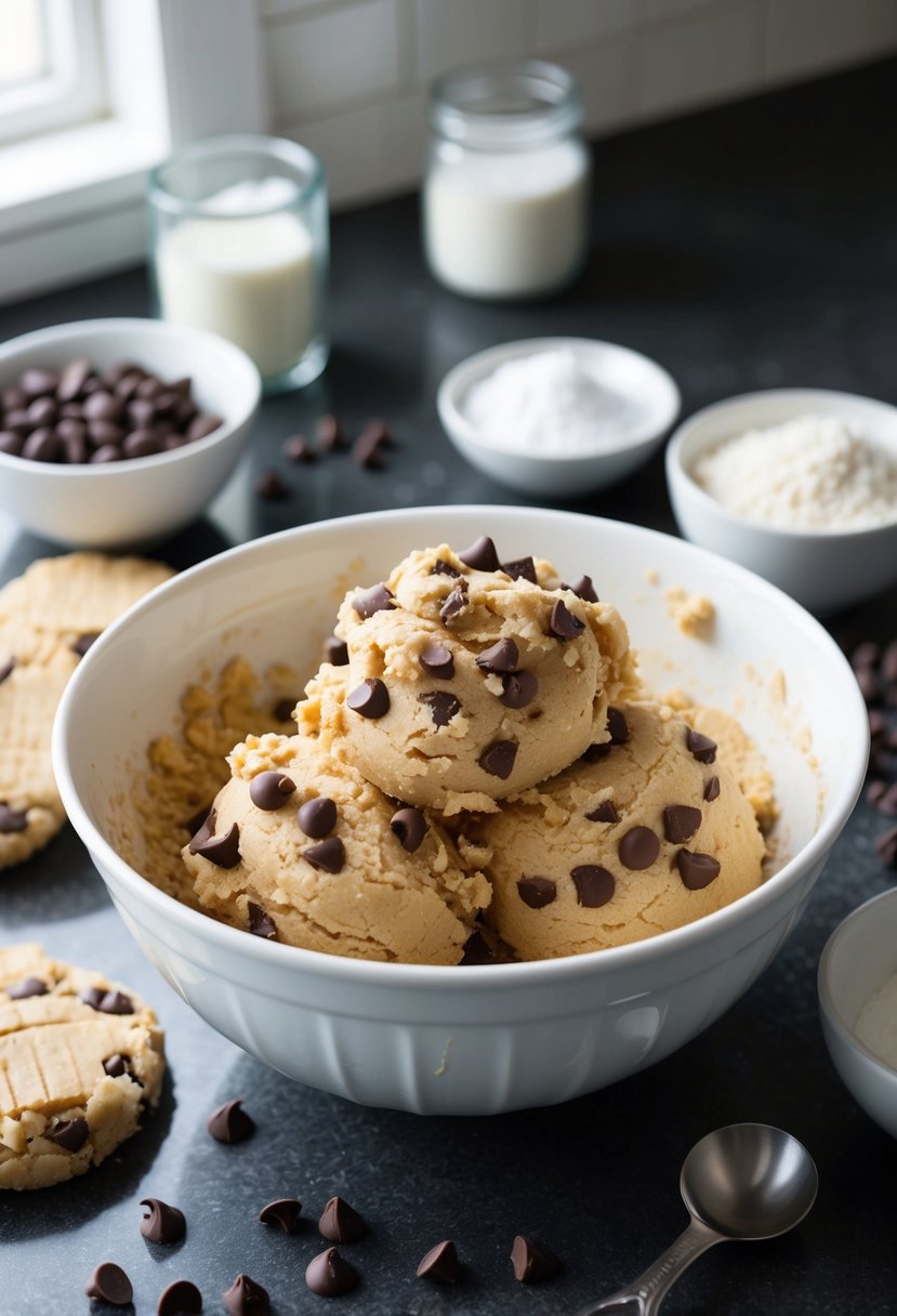 A mixing bowl filled with cookie dough, surrounded by ingredients like chocolate chips, flour, and sugar on a kitchen counter