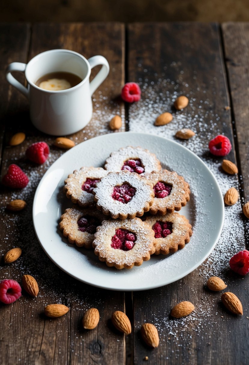 A rustic kitchen table with a plate of freshly baked Raspberry Linzer Cookies surrounded by scattered almonds and a dusting of powdered sugar