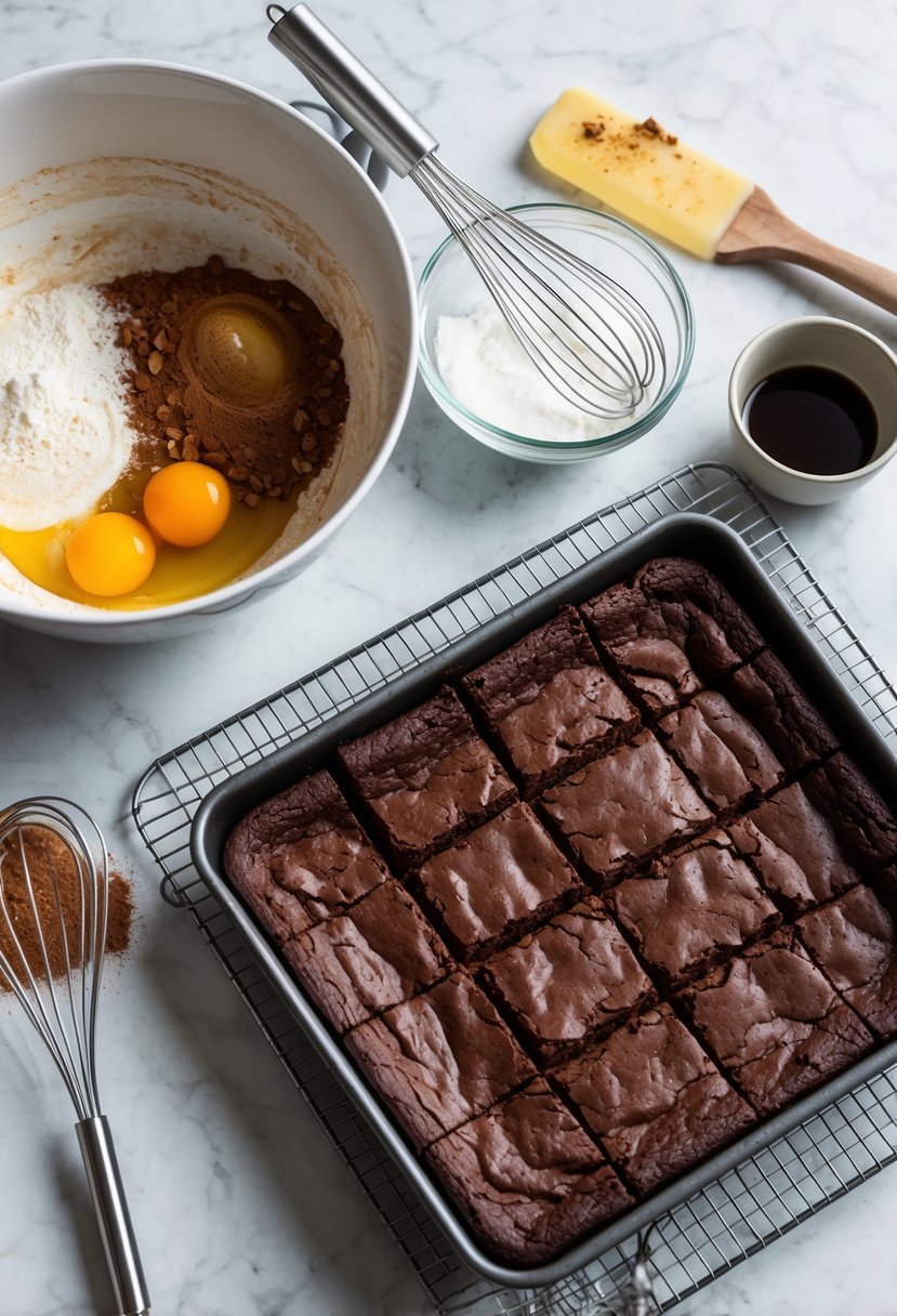 A mixing bowl with cocoa powder, flour, sugar, and eggs. A whisk and spatula on the counter. A tray of freshly baked fudge brownies cooling on a wire rack