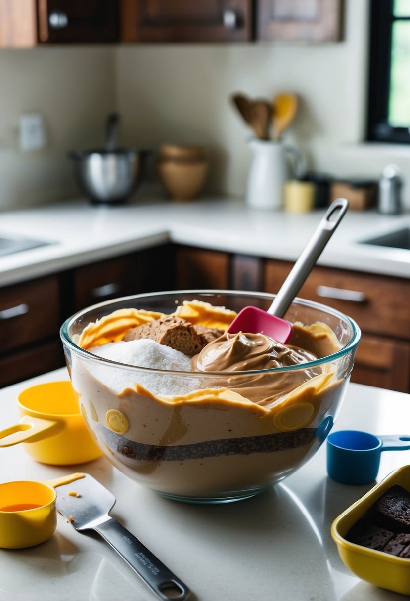 A mixing bowl filled with ingredients for peanut butter brownies, surrounded by measuring cups and a spatula on a kitchen counter