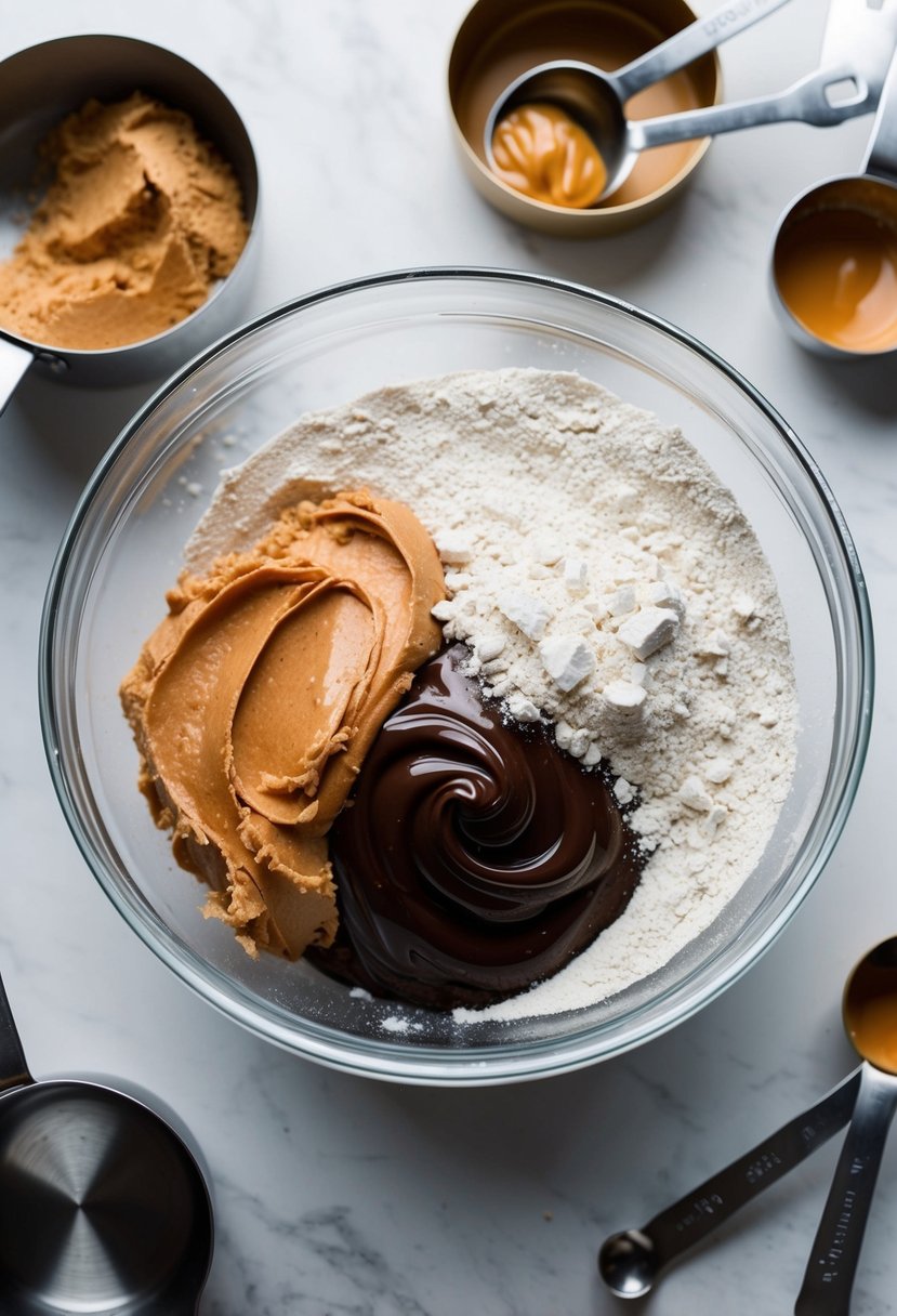 A mixing bowl filled with gluten-free flour, Nutella, and peanut butter, surrounded by measuring cups and spoons, ready to be combined into cookie dough