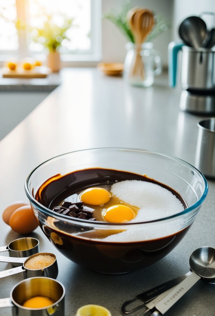 A mixing bowl with eggs, chocolate, and sugar, surrounded by measuring cups and spoons on a kitchen counter