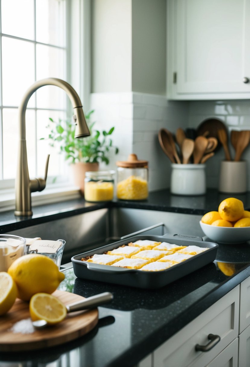 A kitchen counter with ingredients and utensils for making lemon bars