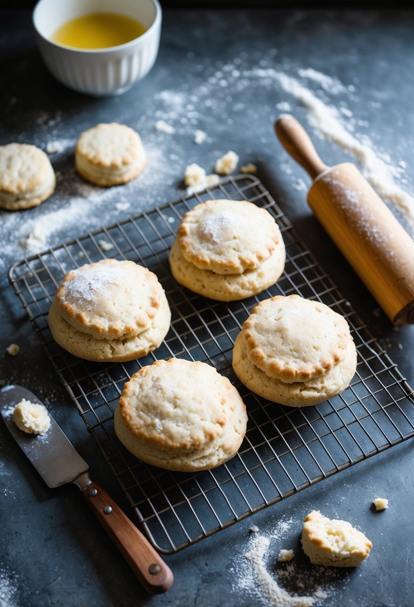 A rustic kitchen counter with freshly baked buttermilk biscuits cooling on a wire rack, surrounded by scattered flour and a vintage rolling pin