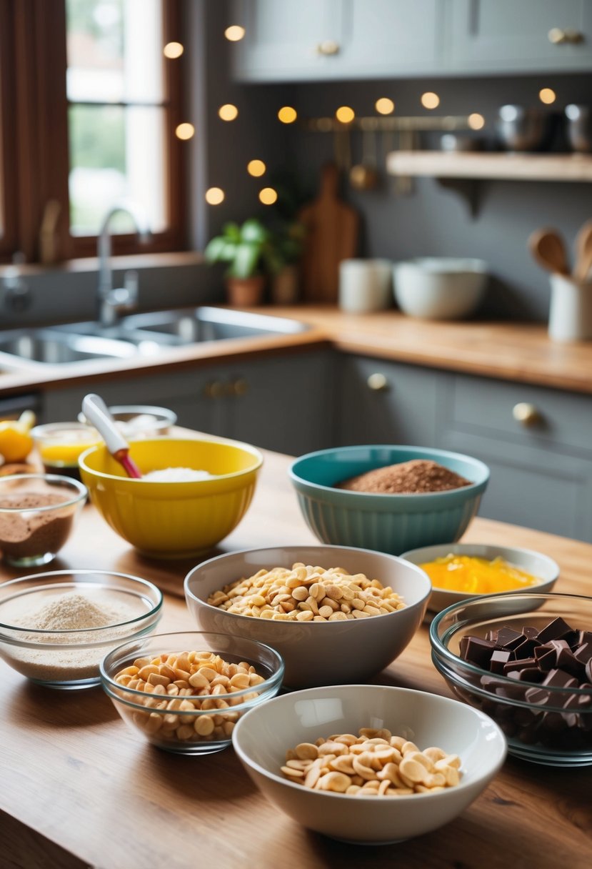 A kitchen counter with assorted ingredients and mixing bowls for making no-bake chocolate peanut treats