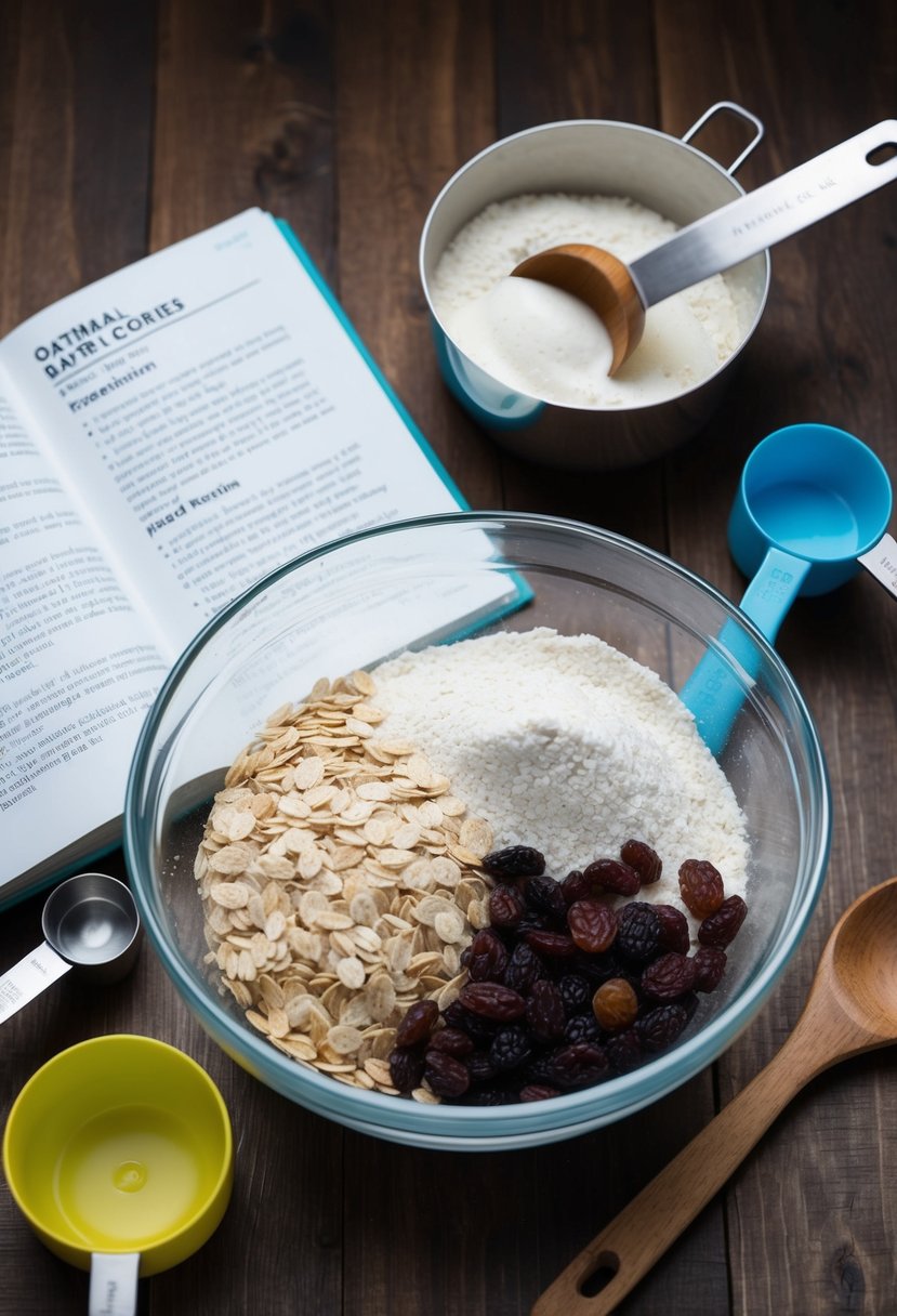 A mixing bowl filled with oats, raisins, and flour, surrounded by measuring cups and a wooden spoon. A recipe book open to a page on oatmeal raisin cookies