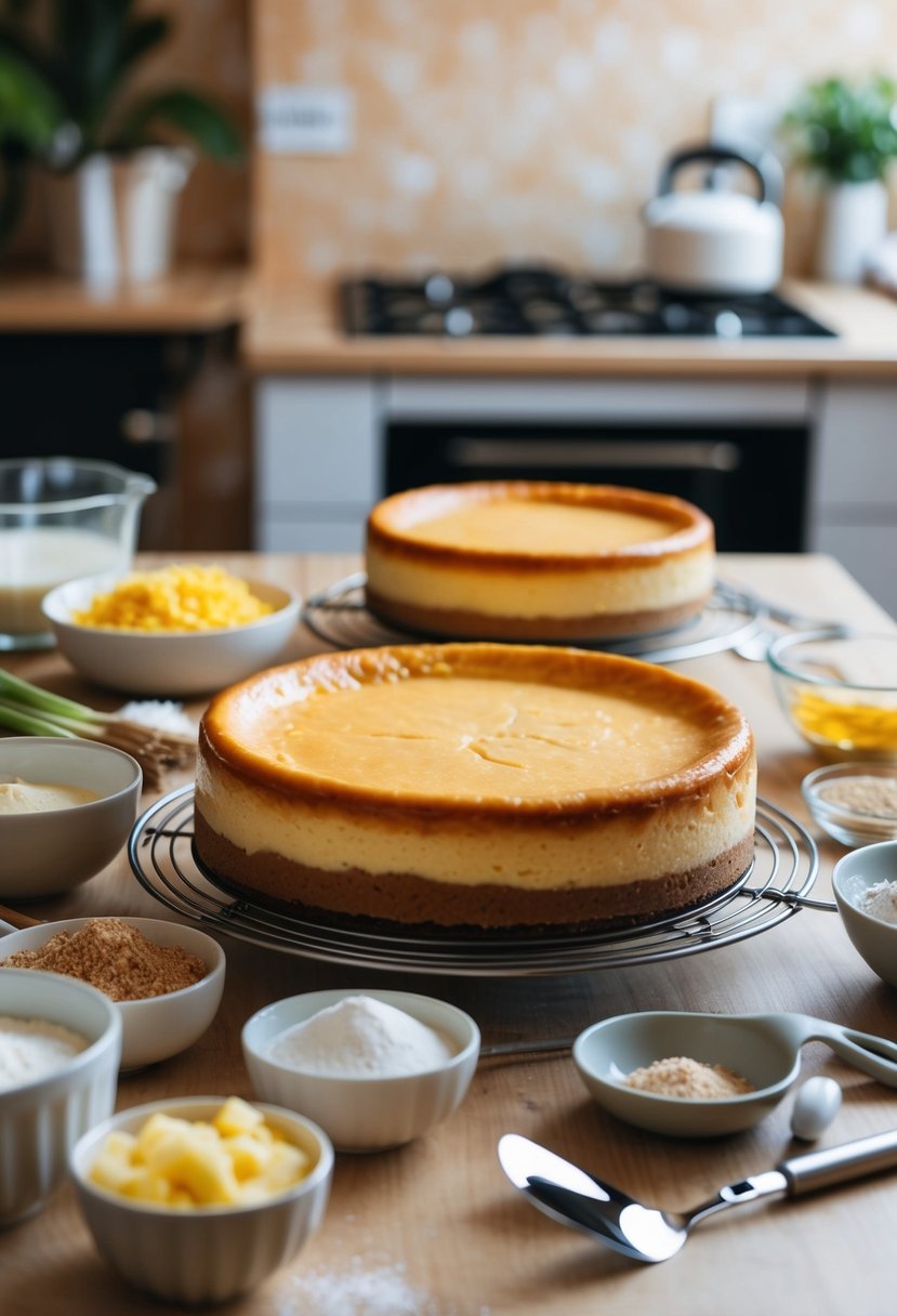 A table covered in ingredients and utensils for baking a New York Cheesecake, with a creamy, golden-brown cheesecake fresh from the oven in the background