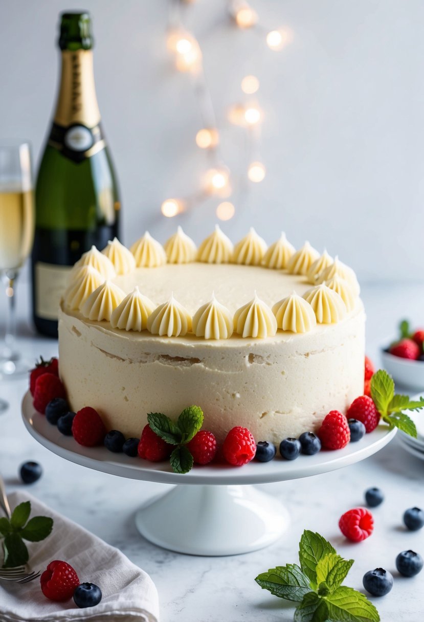 A champagne cake with buttercream icing sits on a white cake stand, surrounded by fresh berries and sprigs of mint