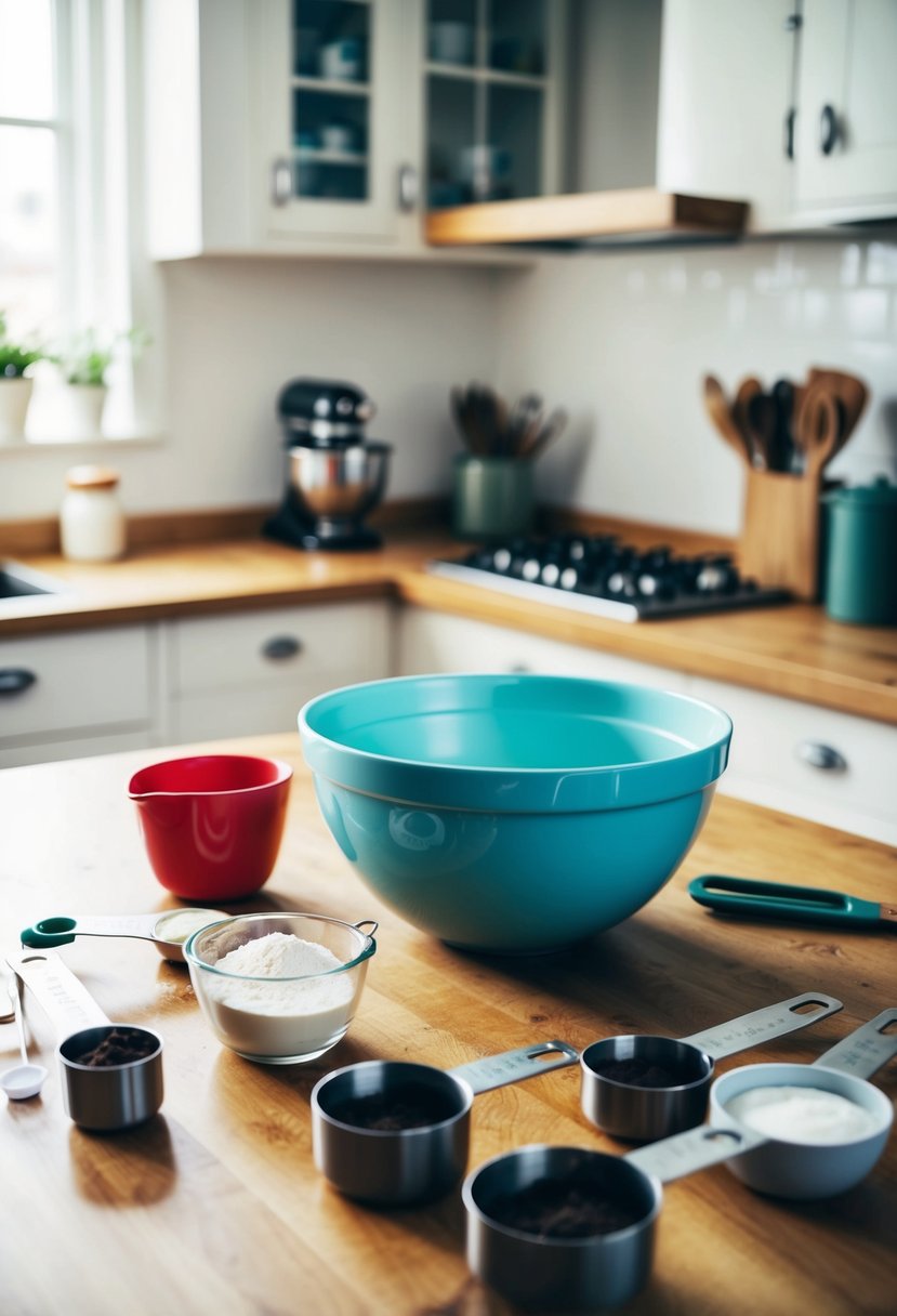 A kitchen counter with a mixing bowl, measuring cups, and ingredients laid out for making chocolate cupcakes