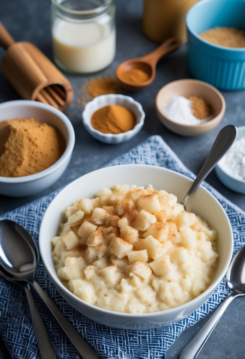 A bowl of creamy rice pudding sprinkled with cinnamon, surrounded by baking ingredients and utensils