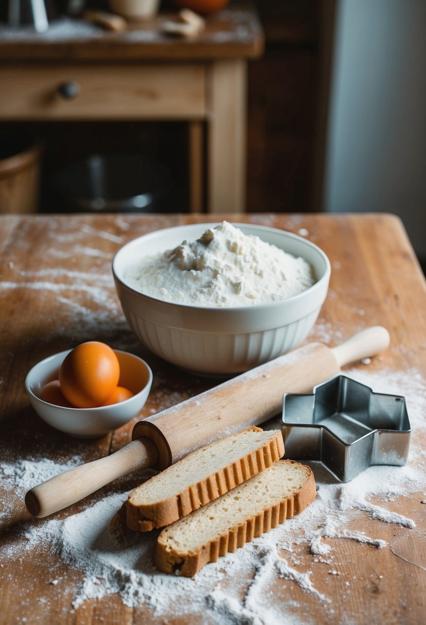 A rustic kitchen with a wooden table covered in flour, eggs, and sugar. A bowl of biscotti dough sits next to a rolling pin and cookie cutters